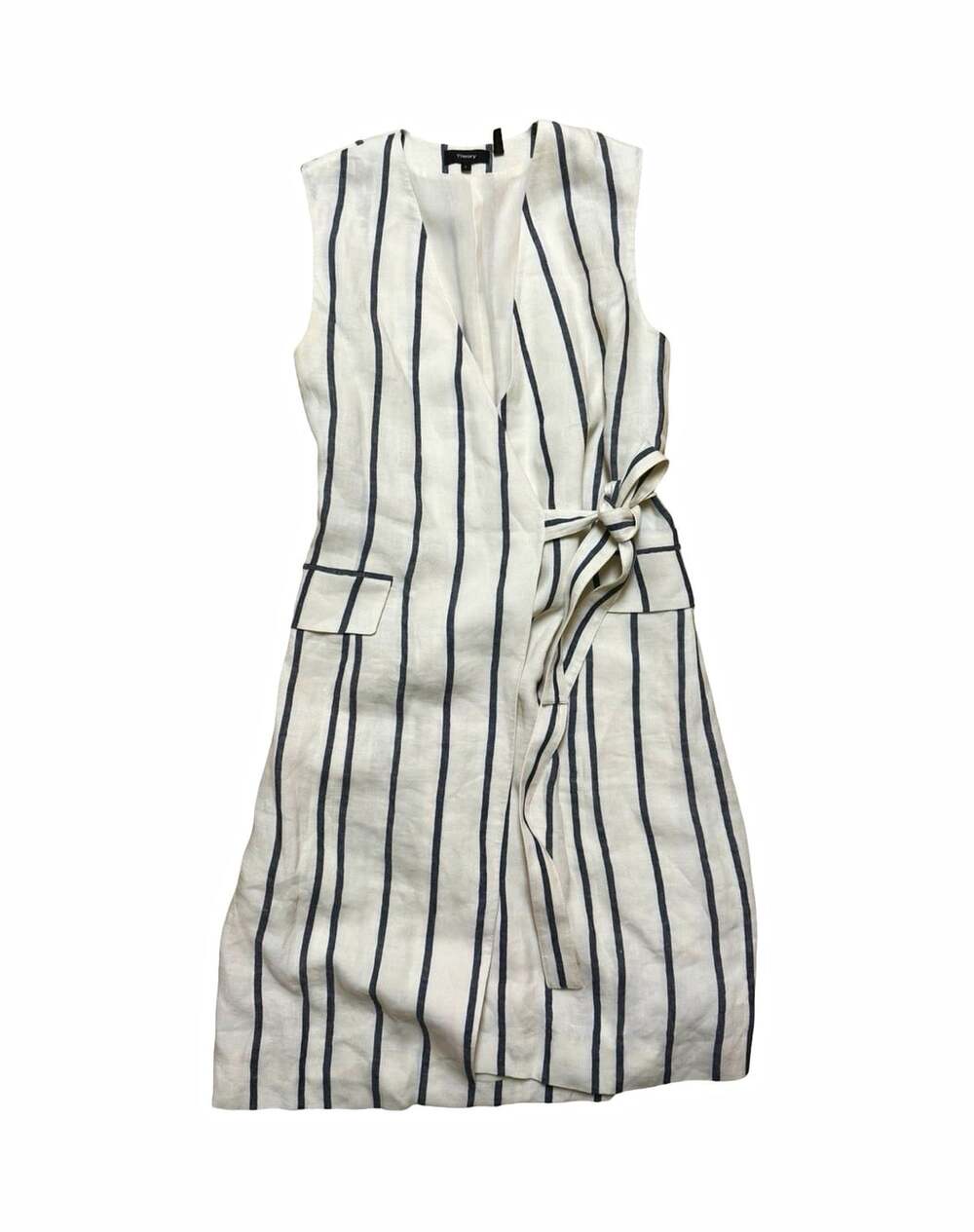 Theory Ivory Blue Striped Linen Wrap Dress V-Neck Tie Lined Knee Length 6